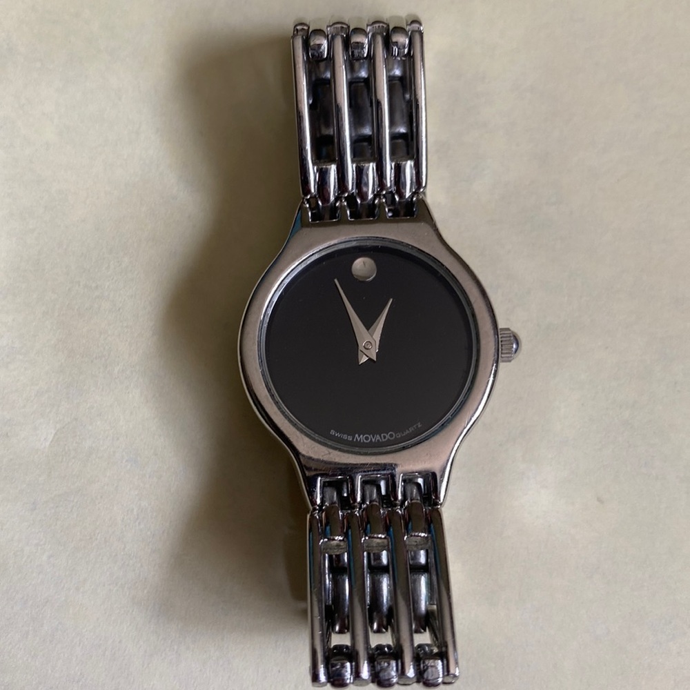 Movado Esperanza Swiss 7777 Black Dial Silver Band Ladies Watch.  Preowned